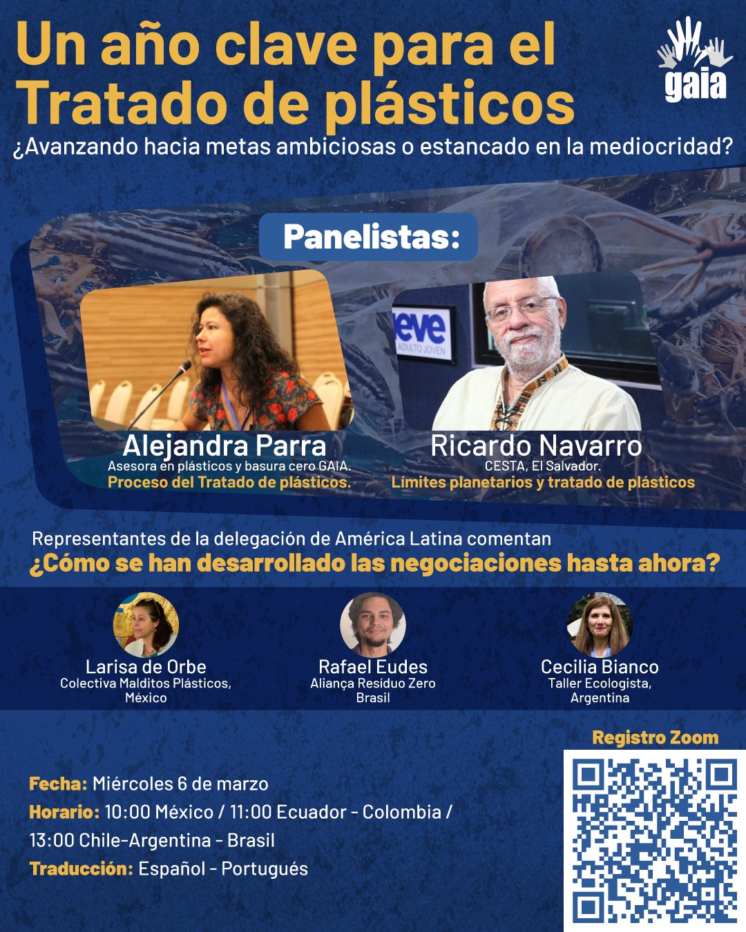 Lời mời tham dự hội thảo trực tuyến về giao dịch nhựa. Fondo de color azul với cinco fotos de las và los panelistas. Ngoài ra, bạn có thể sử dụng mã QR để đăng ký trên Zoom.