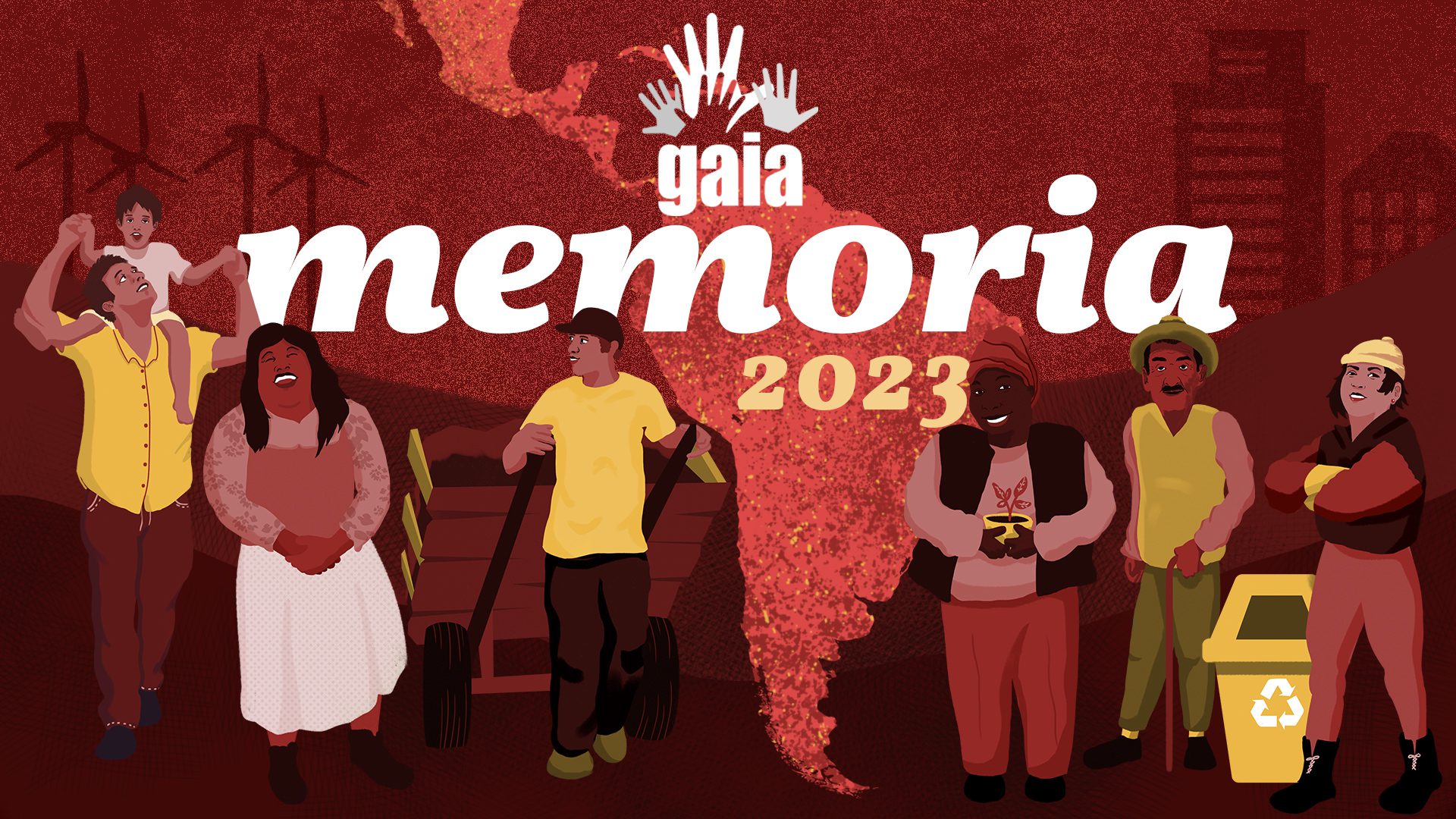 Portada memoria GAIA 2023. Fond rouge avec une carte de l'Amérique Latine et 6 personnages illustrés qui représentent les membres de GAIA.